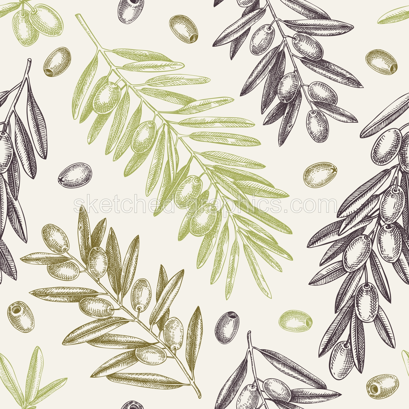 Olive branch seamless pattern. Vector background with leaves, berries and fruits sketches in vintage style. Vegetable oil ingredients backdrop. Olive tree texture for print or packaging design Illustration